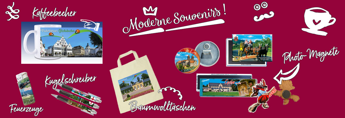 Moderne Souvenirs vom Klocke Verlag, Kaffebecher, Magnete, Kugelschreiber, Baumwolltaschen, Feuerzeuge